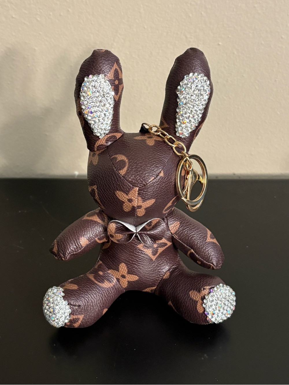 Brown flower Rabbit Bunny Figure Doll Keychain with Crystal Rhinestone Accents